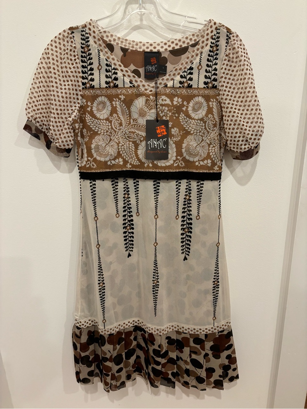 Vintage 1990’s Y2K Anac NEW Bohemian  Mesh Overlay Dress Cream Brown Womens